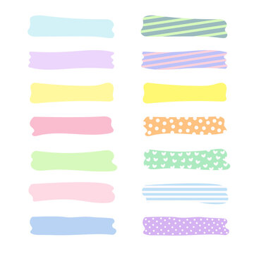 A set of pieces of colorful washi tapes isolated on a white background. Vector illustration of a colorful ribbon with stripes, hearts and polka dots 
