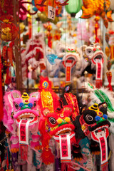 Chinese dragon puppets being sold in a toy shop on Hong Kong Island.