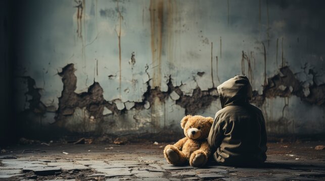 Lonely Child Clutching Teddy Bear, Facing Wall Represents Childhood Depression and Need for Support