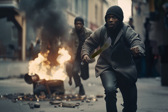Violent Public Uprising Protest with Man Attacking with Panga in Burning Streets, created with Generative AI technology