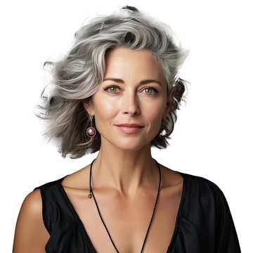 Portrait Of A Beautiful Smiling Elderly Woman With Gray Hair Isolated On A Transparent Background