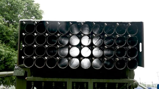 Multi-barrel rocket launcher. Launch tubes. Artillery.