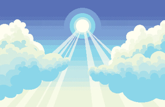 雲の間の太陽が光輝くグラデーションの青空のドット絵背景素材