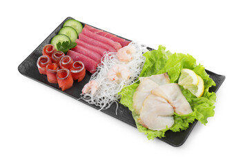 Sashimi set (raw slices of tuna, oily fish, salmon and shrimps) served with cucumber, funchosa, lettuce and lemon isolated on white