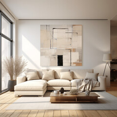 Interior of vanilla living room with abstract art painting. Created using generative AI