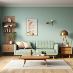 Interior of modern living room with mint sofa and wooden coffee table. Created using generative AI