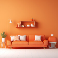 Interior of orange minimalist living room. Created using generative AI
