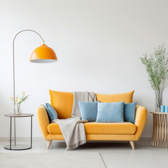 Interior of living room with yellow couch and white wall. Created using generative AI