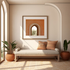 Interior of modern Greek house with cushy resting chair. Created using generative AI