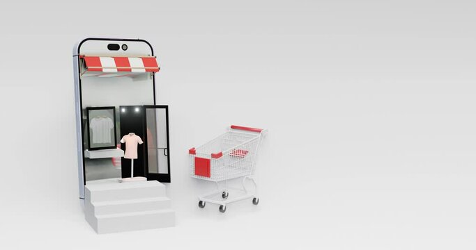 Illustration of a clothing store mobile phone with a trolley running and there is a packing box on a white background