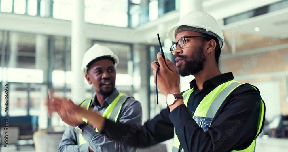 Aufkleber people, teamwork and engineer talking on a walkie talkie for project management and planning. constr
