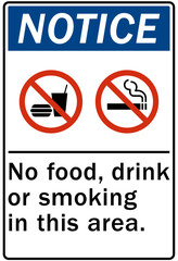 No food or drink warning sign and labels no food, drink or smoking allowed in this area