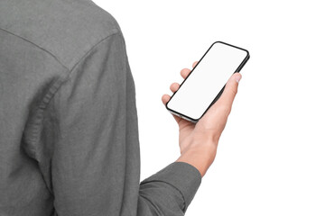 Man holding phone with blank screen on white background, closeup. Mockup for design