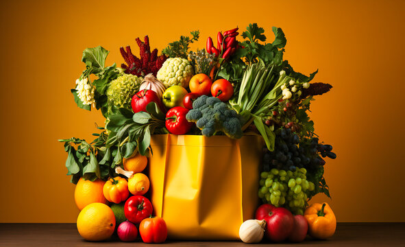 fresh fruit vegetables in a paper bag on a yellow background