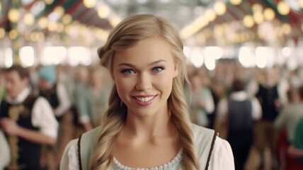 typical young adult woman, caucasian blonde 20s, joyful smile and having fun at oktoberfest or folk festival, wearing a bavarian style dirndl