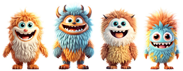 Set of funny shaggy furry cheerful monsters with big eyes and smiling mouths with big white teeth, isolated on transparent background. Children's cartoon characters or cute soft toys. Generative AI