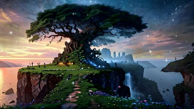 Beautiful fantasy landscape with garden and big trees. Fantasy Paradise Garden Illustration. seamless looping video animation virtual background.