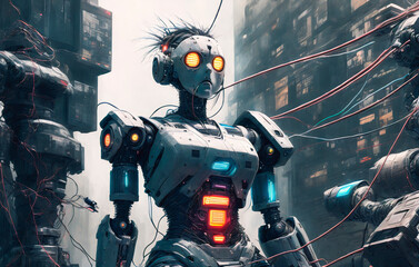 Robot in a futuristic environment. Futuristic technology concept. Generative AI.