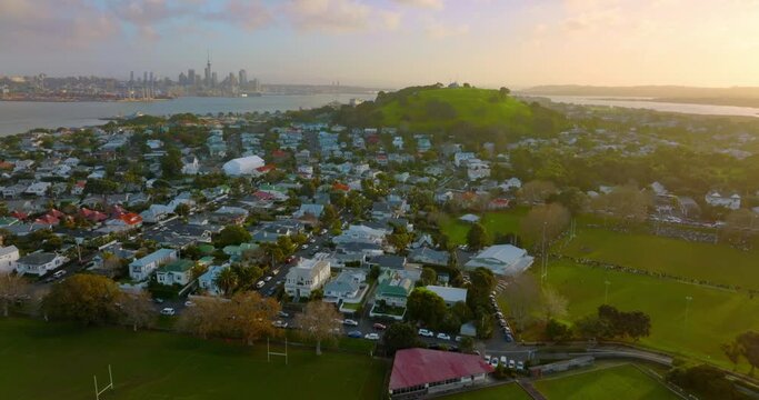 Aerial: Suburb of Devonport at sunset, Auckland, New Zealand