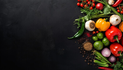 Vegetables on a black wooden table, background, created with ai generative technology
