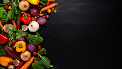Vegetables on a black wooden table, background, created with ai generative technology