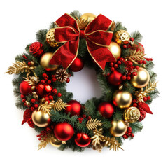 Fototapeta na wymiar christmas wreath, red ribbon bow, isolated on white background. 