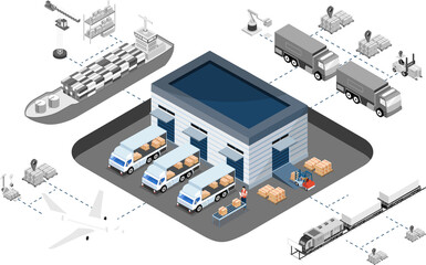 Obraz premium 3D isometric logistics Warehouse Work Process Concept with Transportation operation service, Export, Import, Cargo, Forklift, Delivery Truck. 