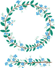 Round frame and decorative line with veroniсa flowers. Blooming speedwell or bird eye in wreath.Vector floral colorful decorative elements.