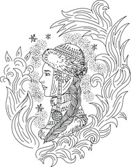 Portrait of fantasy beautiful girl in winter Russian traditional costume in the border of frost ornament. Winter fairy tale. Vector black and white illustration.