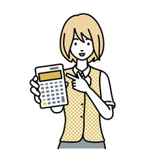 立って電卓を指差してこちらに向けて見せている事務員制服の女性