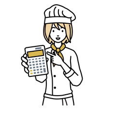 立って電卓を指差してこちらに向けて見せている調理師の女性