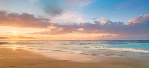 Naklejka na ściany i meble 青空とオレンジ色の夕焼けがグラデーションするビーチの美しい風景