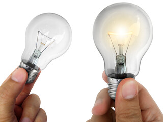 A man's hand holding an Light bulb, transparent background