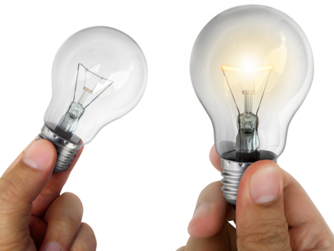 A man's hand holding an Light bulb, transparent background