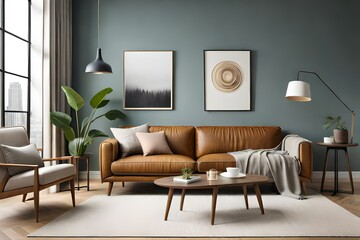 Warm and cozy interior of living room space with brown sofa, pouf, beige carpet, lamp, mock up poster frame, decoration, plant and coffee table. Cozy home decor. Template