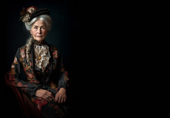 Fototapeta premium Portrait of a mature woman with delicate historical dark gown ornate with flowers, hat with flowers, isolated on black background, copy space great for quotes and messages.
