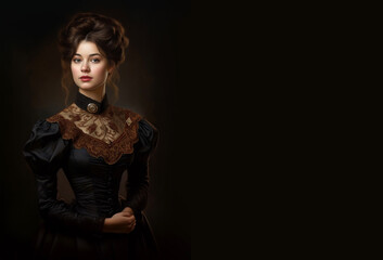 Portrait of a beautiful woman with delicate historical dark coloured ball gown isolated on black background, copy space great for quotes and messages