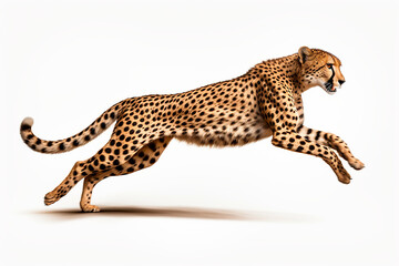 Cheetah isolated on a white background running. Animal right side view portrait.