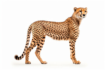 Fototapeta premium Cheetah isolated on a transparent background. Animal right view portrait.