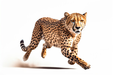Cheetah isolated on a white background running. Animal right side view portrait.