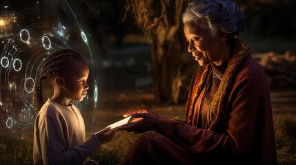 Generations Connected Through AI: Black Grandmother and Granddaughter Exploring Heritage with Holographic Interface Outdoors
