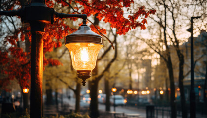 A street lamp in a park with autumn trees in the background. The street lamp is a black metal pole...