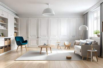 Fototapeta premium Scandinavian interior design playroom with wooden cabinets, armchairs, lots of plush and wooden toys. Stylish and cute kids room decoration. White wooden background wall. Template