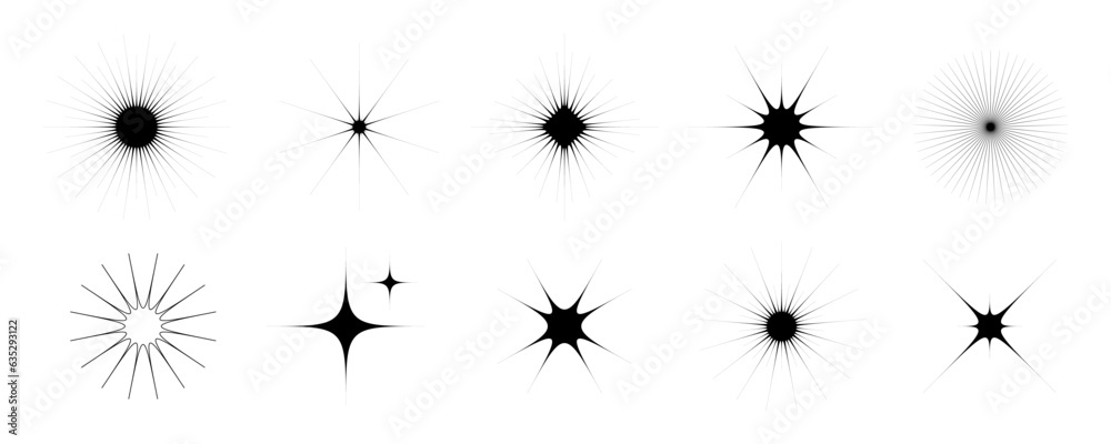 Poster black stars and twinkles set. retro blink collection. abstract simple starburst shine effect pack. d