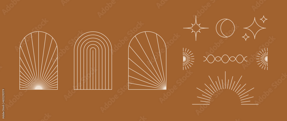 Poster Boho style linear element collection. Terracotta design forms with stars, sunbursts, arcs, waves. Bohemian decorative ornamental shapes for badge, logo, card, poster, banner, template. Vector bundle