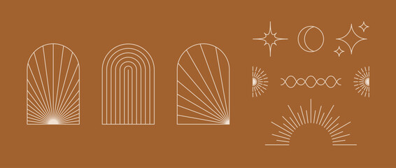 Boho style linear element collection. Terracotta design forms with stars, sunbursts, arcs, waves. Bohemian decorative ornamental shapes for badge, logo, card, poster, banner, template. Vector bundle