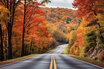 Naklejka premium A winding road in a forest during autumn. The road is black and has a double yellow line in the center. The trees on either side of the road are in full autumn colors
