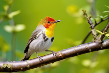 A small bird perched on a branch. The bird has a red head and white body. It is facing to the right