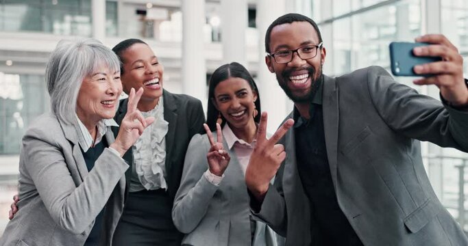 Business people, selfie and peace sign with team, diversity and teamwork with funny laugh, excited face and smile. Man, women and friends with icon, symbol and happy together for social network post