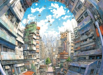都市風景のイラスト,Generative AI AI画像